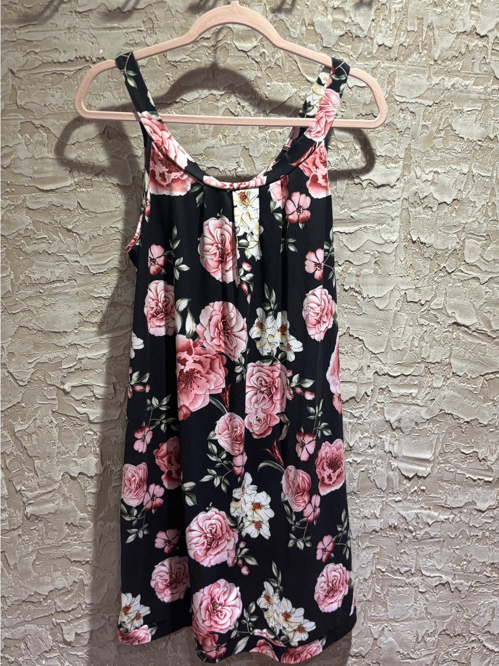 Black Floral Tank Dress with Pink Roses